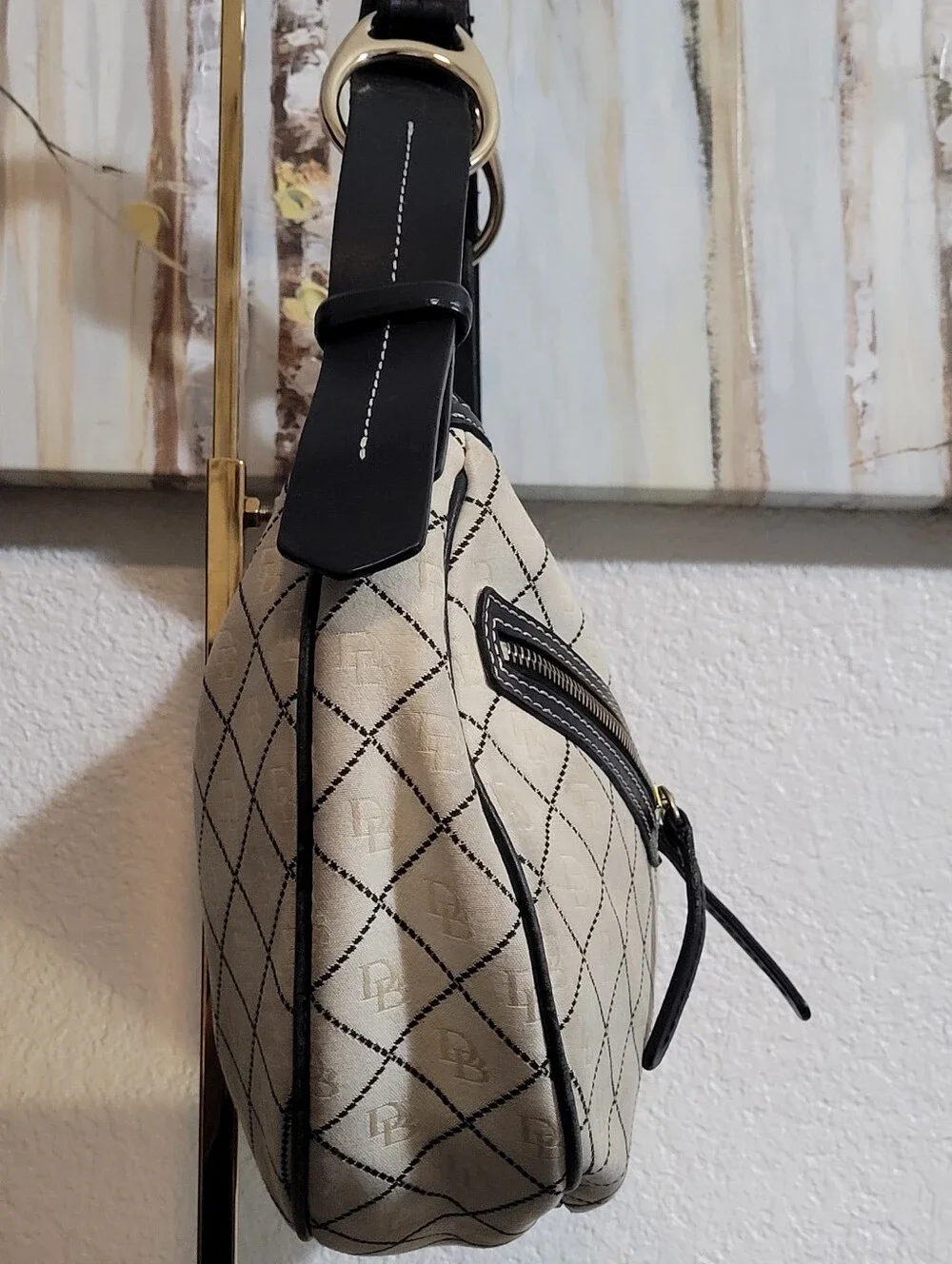 Dooney & Bourke Cream Black Canvas Monogram Hobo Shoulder Handbag